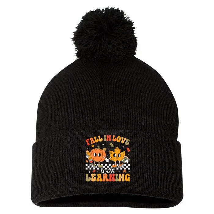 Retro Fall In Love With Learning Autumn Pumpkin Teacher Pom Pom 12in Knit Beanie