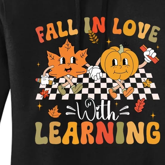 Retro Fall In Love With Learning Autumn Pumpkin Teacher Women's Pullover Hoodie