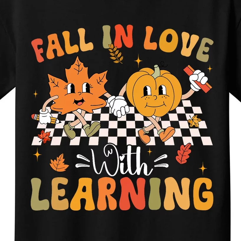 Retro Fall In Love With Learning Autumn Pumpkin Teacher Kids T-Shirt