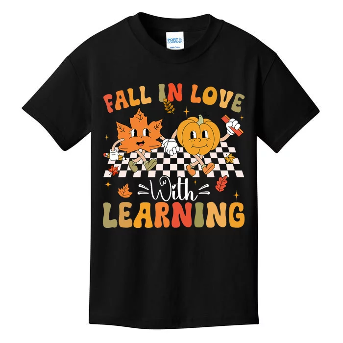 Retro Fall In Love With Learning Autumn Pumpkin Teacher Kids T-Shirt