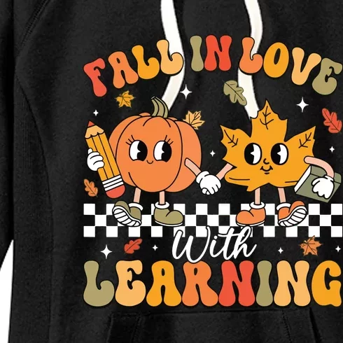 Retro Fall In Love With Learning Autumn Pumpkin Teacher Women's Fleece Hoodie