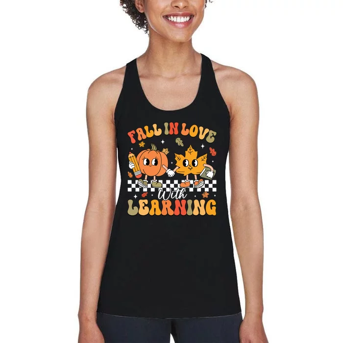 Retro Fall In Love With Learning Autumn Pumpkin Teacher Women's Racerback Tank