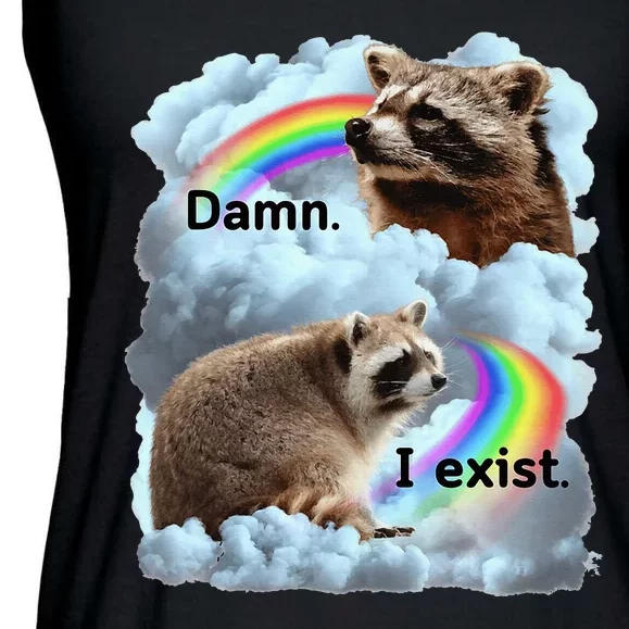 Raccoon Funny I Exist Depression Meme Dark Mental Health Ladies Essential Flowy Tank