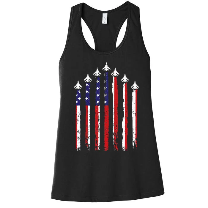 Retro Fighter Jet Airplane Usa Flag 4th Of July Women's Racerback Tank