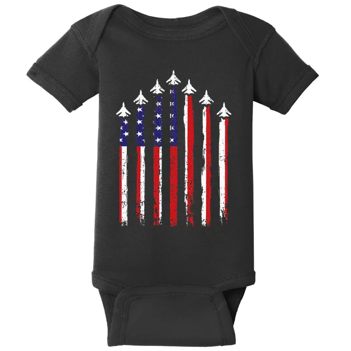 Retro Fighter Jet Airplane Usa Flag 4th Of July Baby Bodysuit