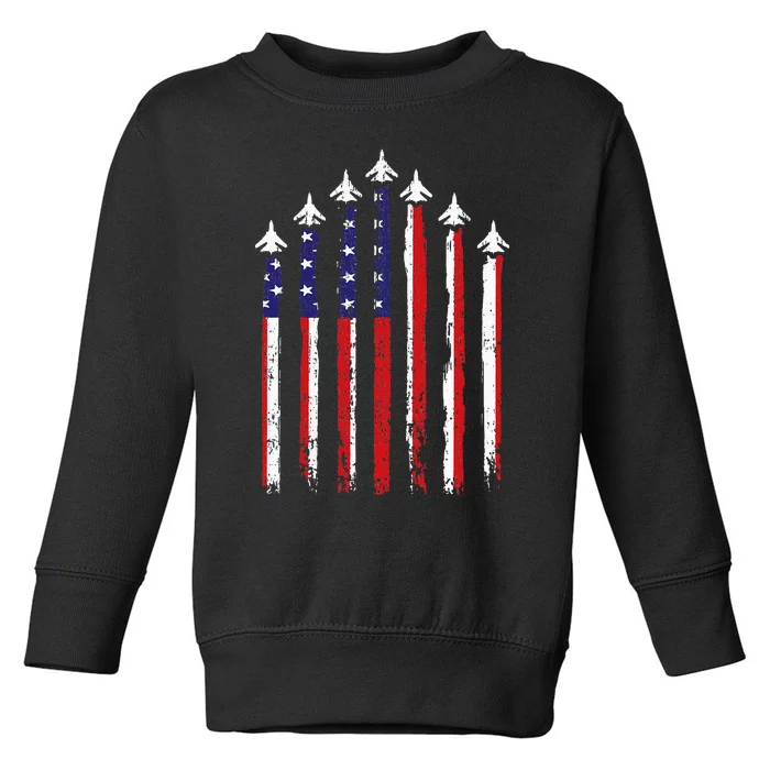 Retro Fighter Jet Airplane Usa Flag 4th Of July Toddler Sweatshirt