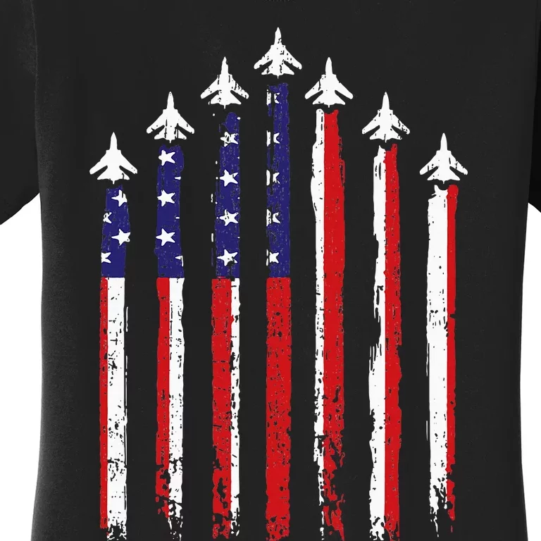 Retro Fighter Jet Airplane Usa Flag 4th Of July Women's T-Shirt