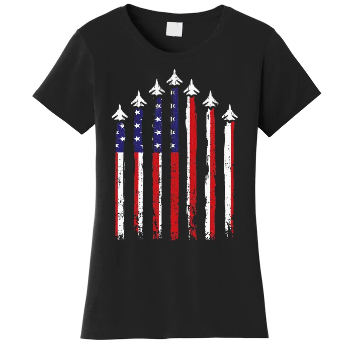 Retro Fighter Jet Airplane Usa Flag 4th Of July Women's T-Shirt