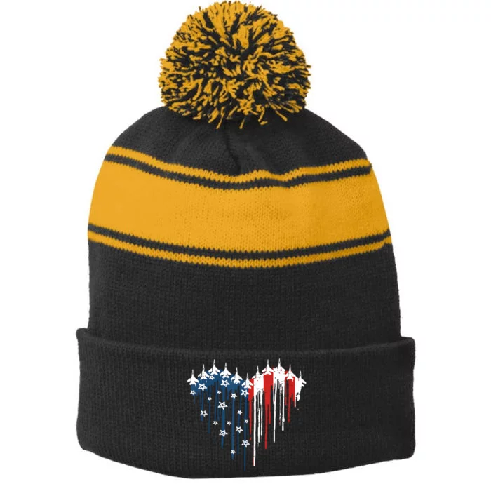 Retro Fighter Jet Airplane American Flag Heart 4th Of July Stripe Pom Pom Beanie