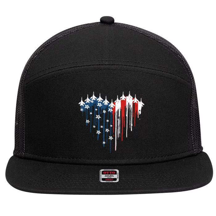 Retro Fighter Jet Airplane American Flag Heart 4th Of July 7 Panel Mesh Trucker Snapback Hat