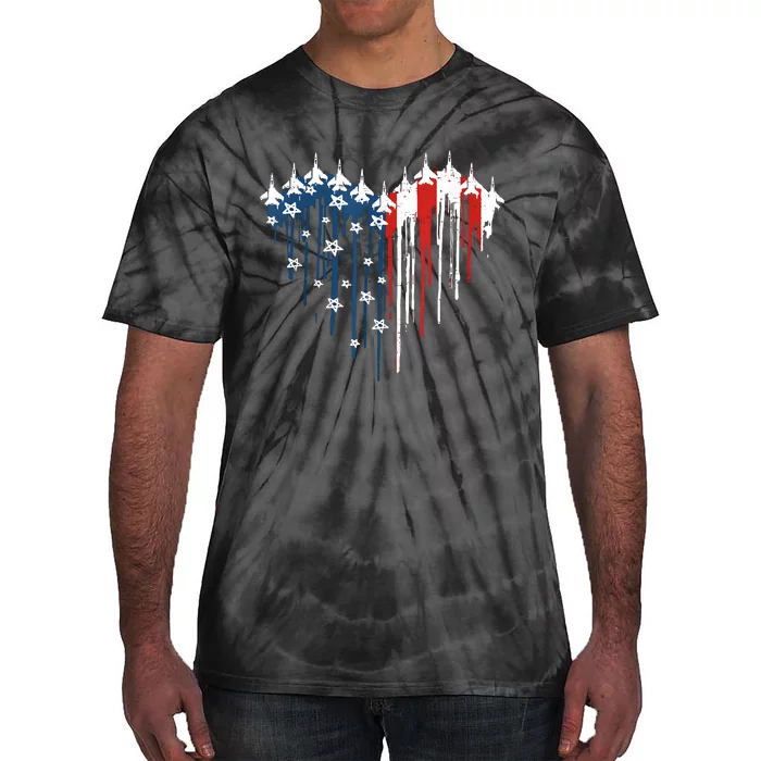 Retro Fighter Jet Airplane American Flag Heart 4th Of July Tie-Dye T-Shirt