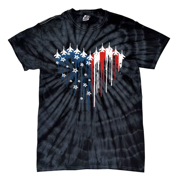 Retro Fighter Jet Airplane American Flag Heart 4th Of July Tie-Dye T-Shirt