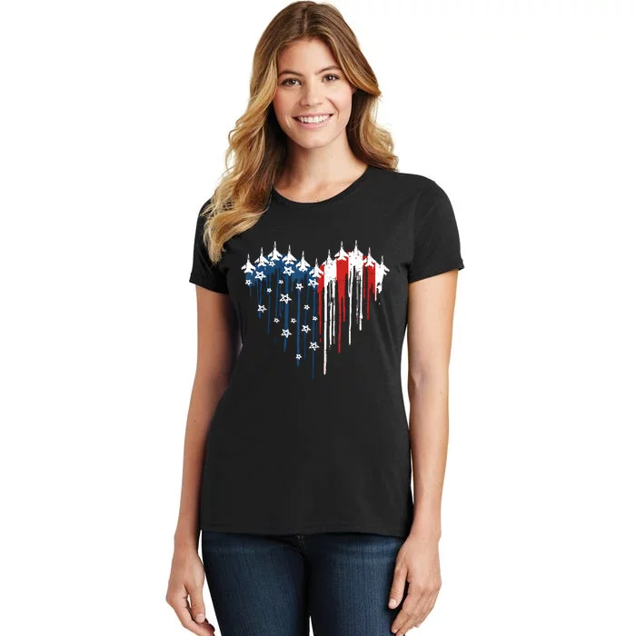 Retro Fighter Jet Airplane American Flag Heart 4th Of July Women's T-Shirt