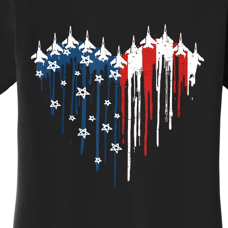 Retro Fighter Jet Airplane American Flag Heart 4th Of July Women's T-Shirt