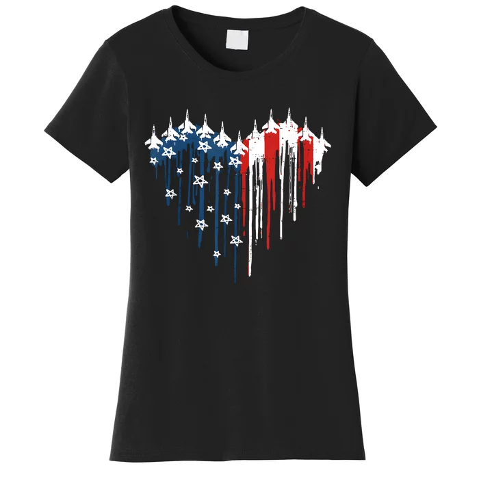 Retro Fighter Jet Airplane American Flag Heart 4th Of July Women's T-Shirt