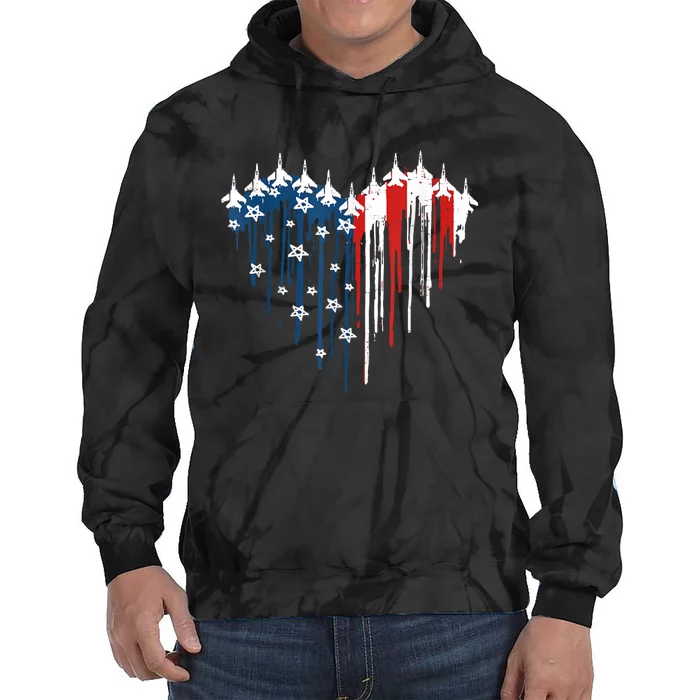 Retro Fighter Jet Airplane American Flag Heart 4th Of July Tie Dye Hoodie