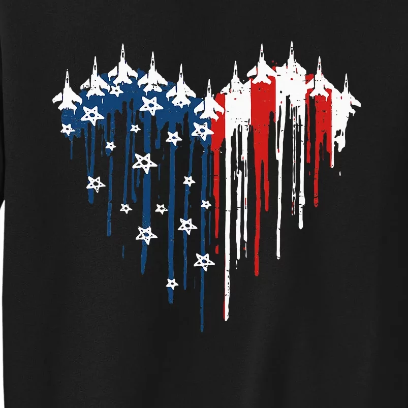 Retro Fighter Jet Airplane American Flag Heart 4th Of July Tall Sweatshirt