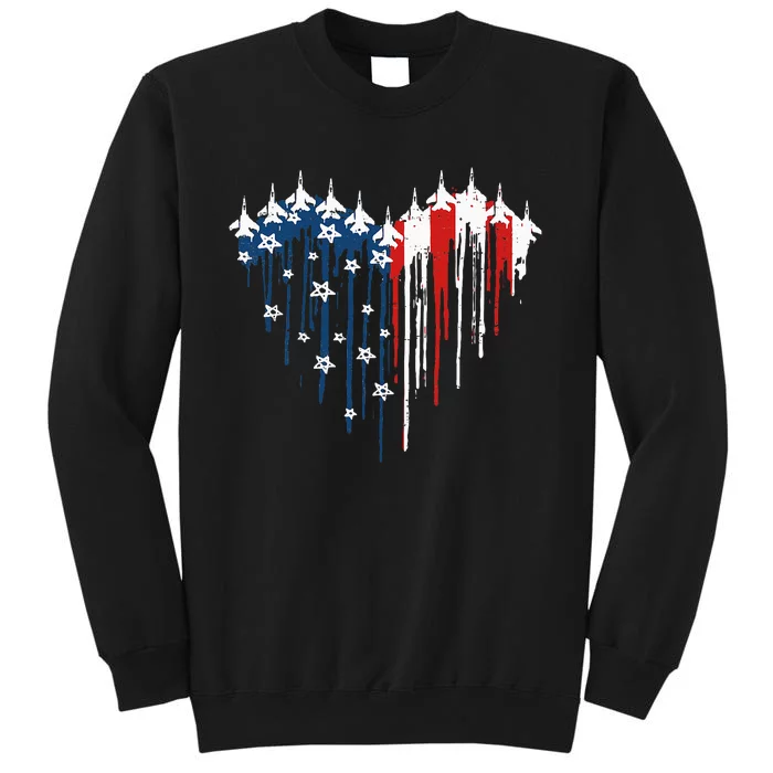 Retro Fighter Jet Airplane American Flag Heart 4th Of July Tall Sweatshirt