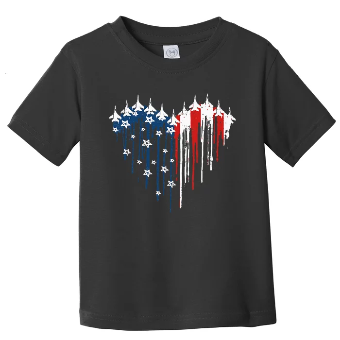 Retro Fighter Jet Airplane American Flag Heart 4th Of July Toddler T-Shirt