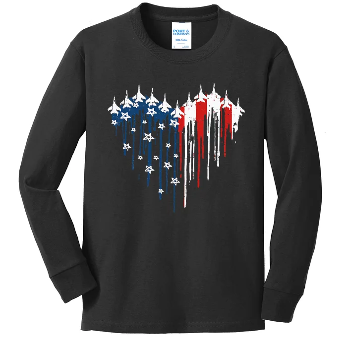 Retro Fighter Jet Airplane American Flag Heart 4th Of July Kids Long Sleeve Shirt