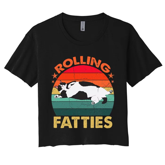 Retro Fat Kitten Funny Cat Rolling Fatties Women's Crop Top Tee