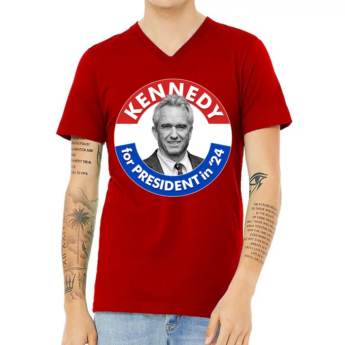 Robert F Kennedy Jr For President In 2024 Emblem Button V-Neck T-Shirt