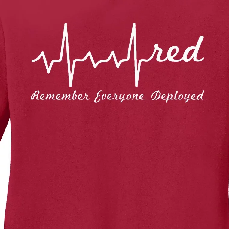 RED Friday Military Remember Everyone Deployed Heartbeat Ladies Long Sleeve Shirt