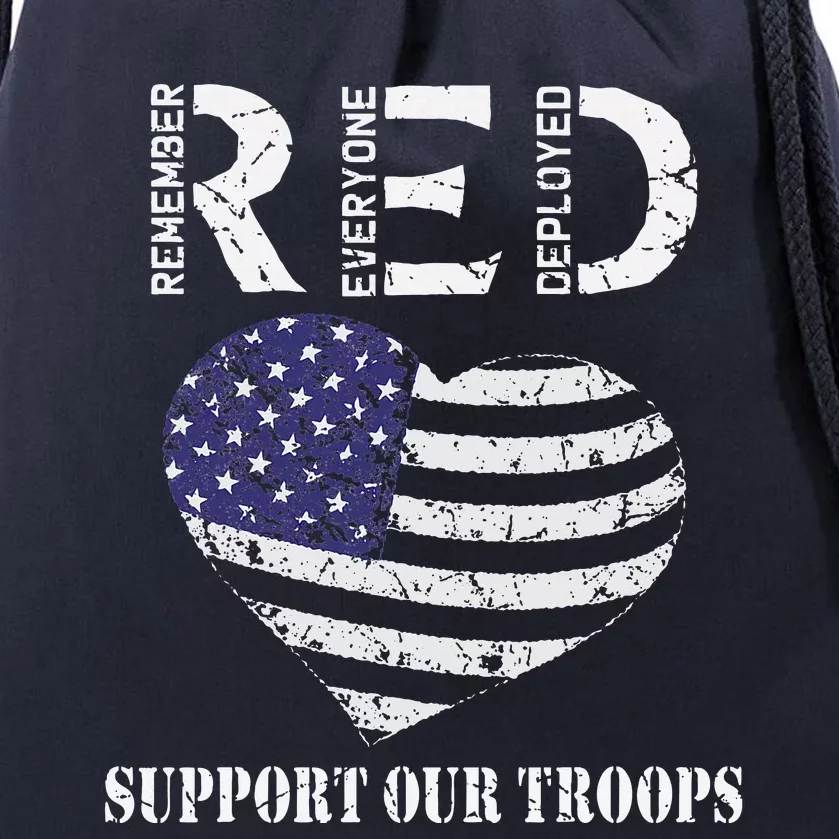 RED Friday Military Support Our Troops Heart Retro US Flag Drawstring Bag