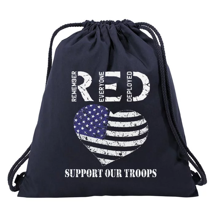 RED Friday Military Support Our Troops Heart Retro US Flag Drawstring Bag