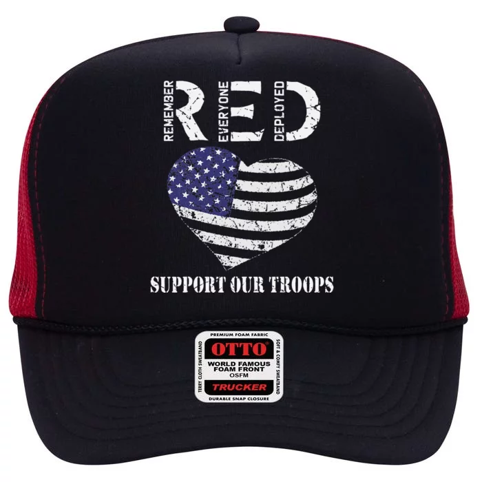 RED Friday Military Support Our Troops Heart Retro US Flag High Crown Mesh Trucker Hat