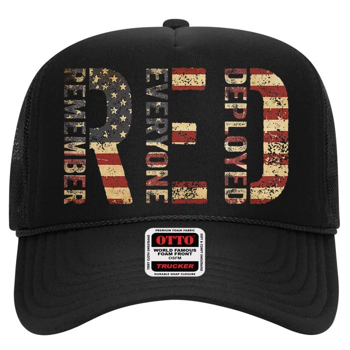 Red Friday Military Support Remember Everyone Deployed High Crown Mesh Trucker Hat