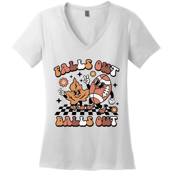 Retro Falls Out Balls Out Football Vintage Thanksgiving Women's V-Neck T-Shirt