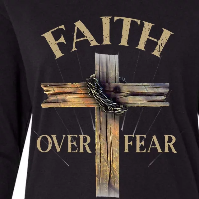 Religious Faith Over Fear Christian Cross Womens Cotton Relaxed Long Sleeve T-Shirt