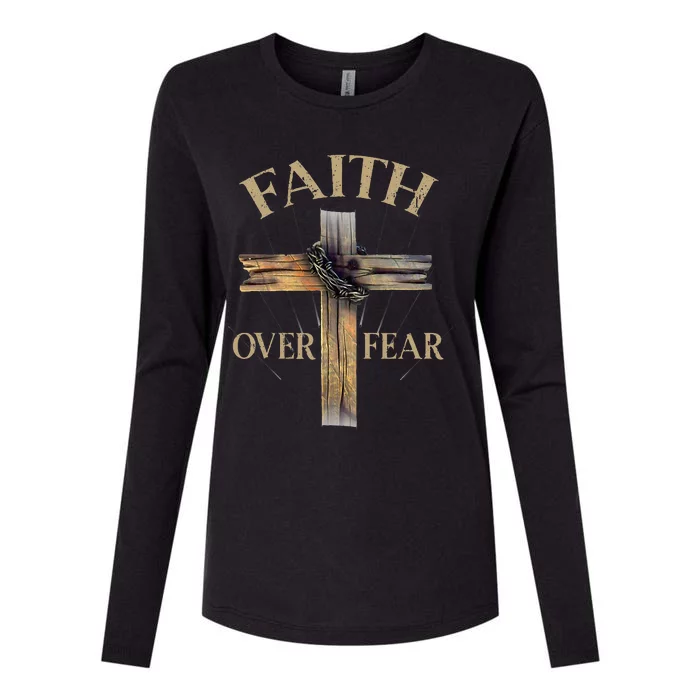 Religious Faith Over Fear Christian Cross Womens Cotton Relaxed Long Sleeve T-Shirt