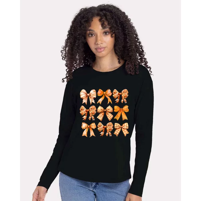 Retro Fall Pumpkin Bow Fall Coquette Womens Cotton Relaxed Long Sleeve T-Shirt