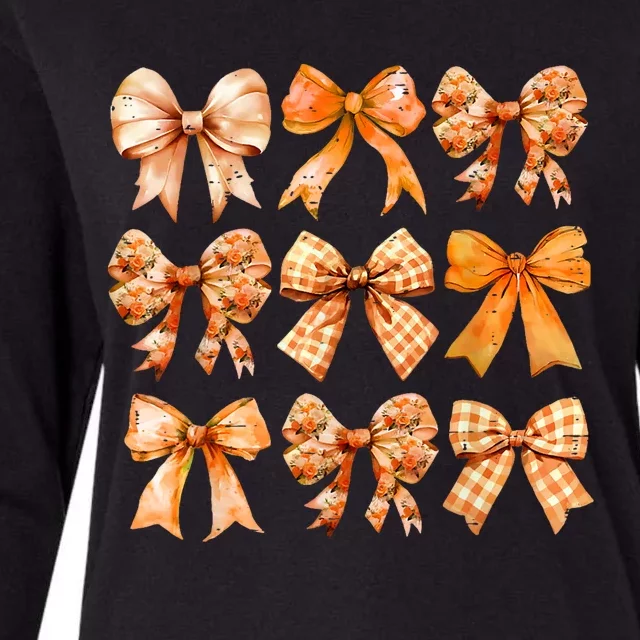 Retro Fall Pumpkin Bow Fall Coquette Womens Cotton Relaxed Long Sleeve T-Shirt