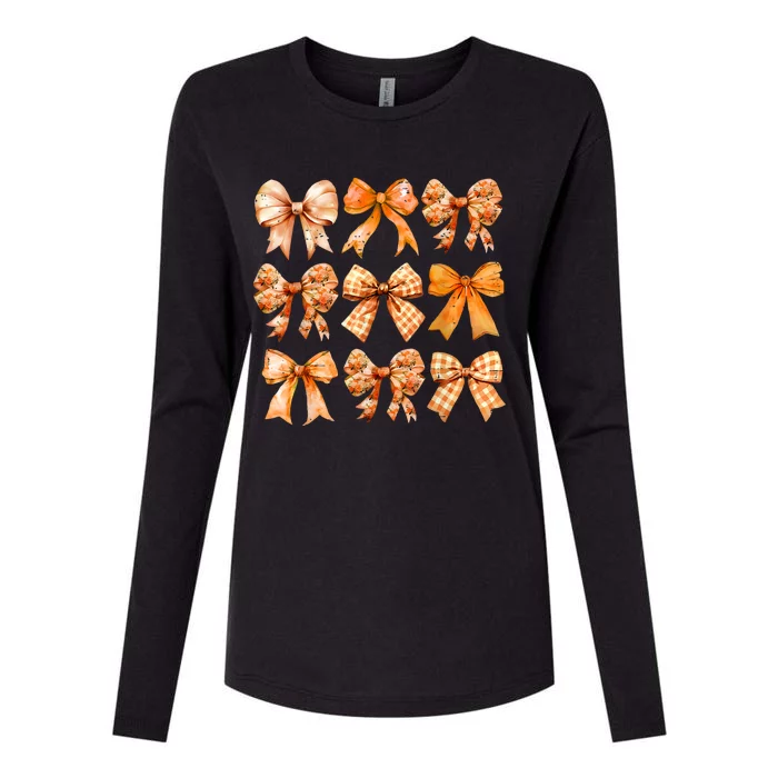 Retro Fall Pumpkin Bow Fall Coquette Womens Cotton Relaxed Long Sleeve T-Shirt