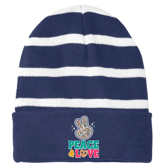 Retro Flower Power Peace And Love Striped Beanie with Solid Band