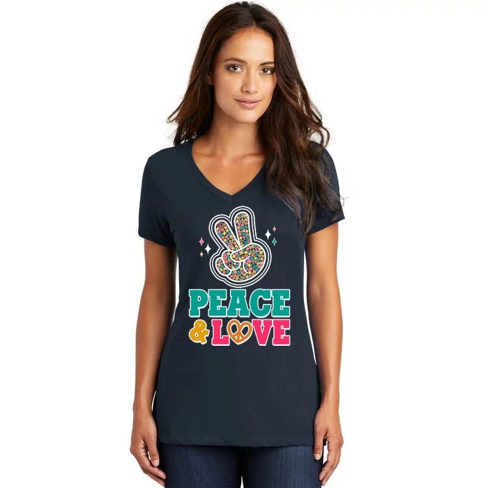 Retro Flower Power Peace And Love Women's V-Neck T-Shirt