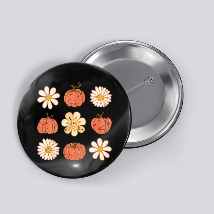 Retro Fall Pumpkin And Flowers Button