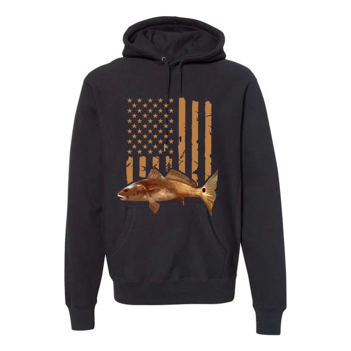 Redfish Fishing Red Drum Tailing Usa American Flag Fisherman Premium Hoodie