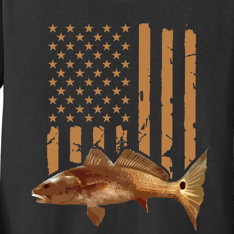 Redfish Fishing Red Drum Tailing Usa American Flag Fisherman Kids Long Sleeve Shirt