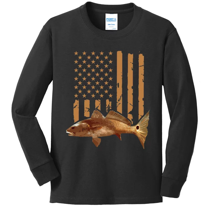 Redfish Fishing Red Drum Tailing Usa American Flag Fisherman Kids Long Sleeve Shirt