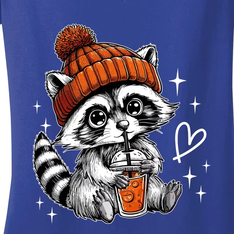 Retro Fall Racoon Coffee Feral Racoon Pumpkin Autumn Y Gift Women's V-Neck T-Shirt