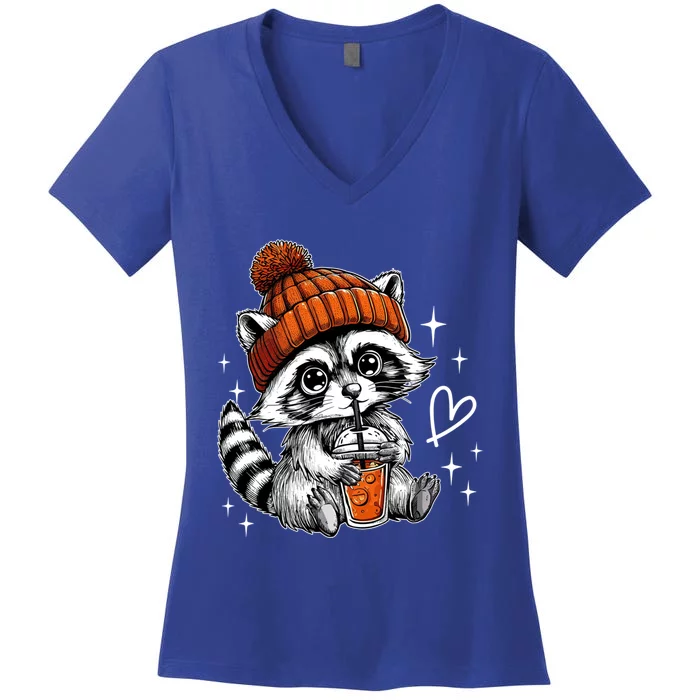 Retro Fall Racoon Coffee Feral Racoon Pumpkin Autumn Y Gift Women's V-Neck T-Shirt