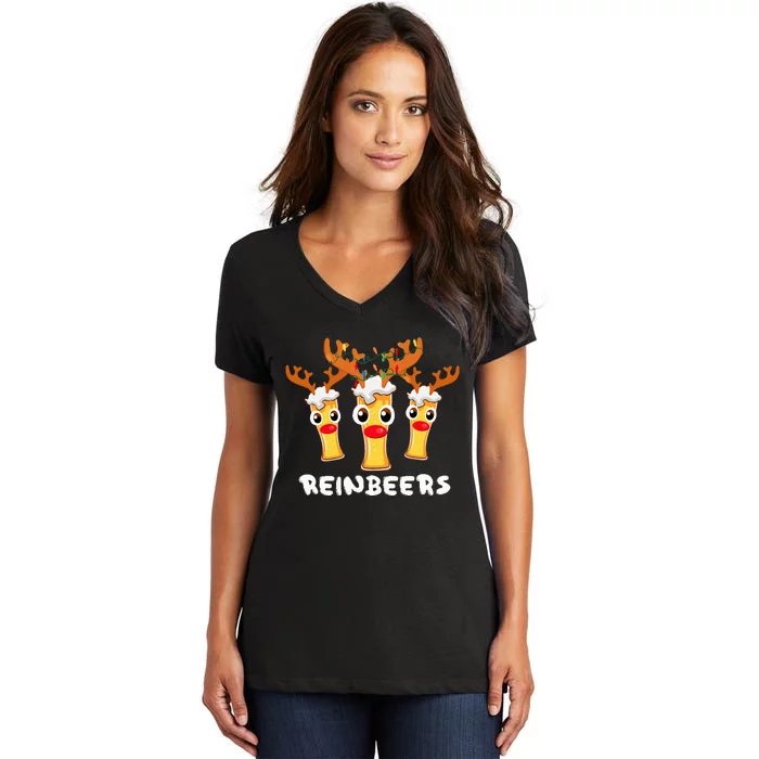 Reinbeers Funny Reindeer Beer Christmas Drinking Xmas Pajama Women's V-Neck T-Shirt