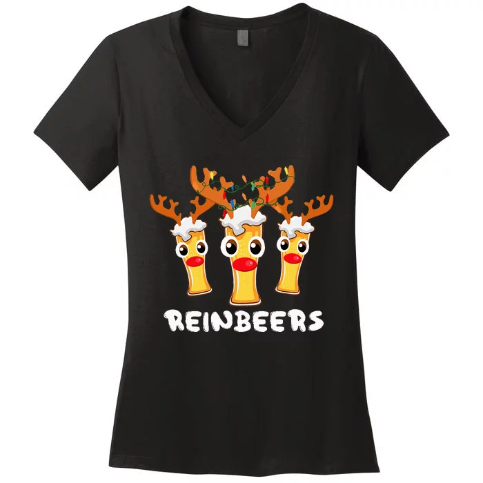 Reinbeers Funny Reindeer Beer Christmas Drinking Xmas Pajama Women's V-Neck T-Shirt