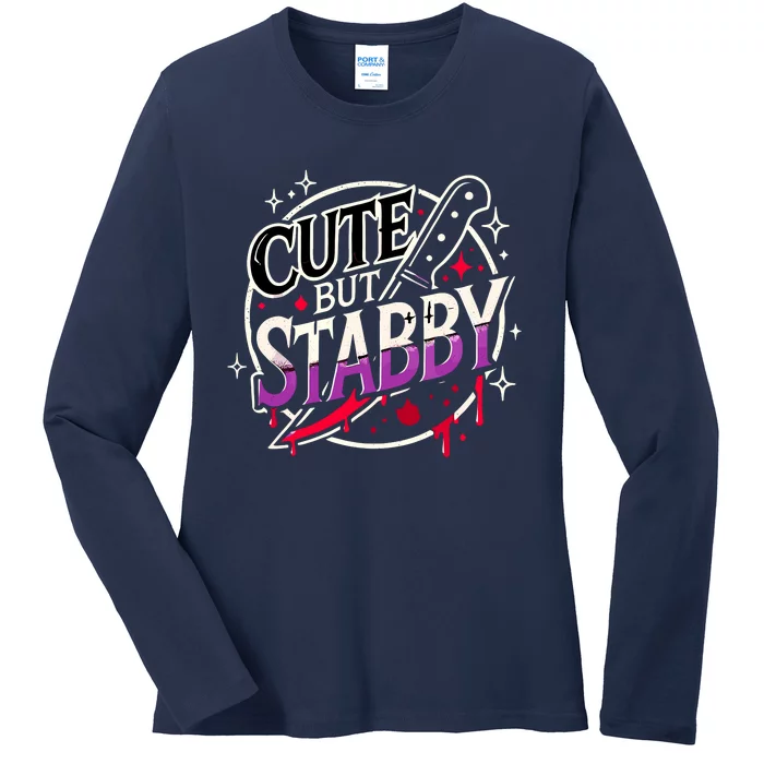 Retro Funny Scary Cute But Stabby Spooky Hallowen Dark Humor Ladies Long Sleeve Shirt