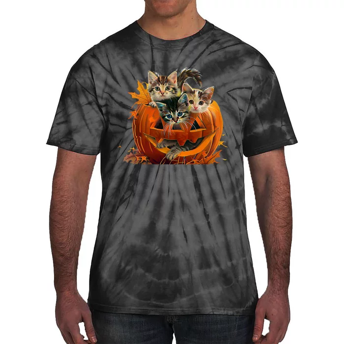 Retro Floral Spooky Season Vintage 90s Cat Pumpkin Halloween Tie-Dye T-Shirt