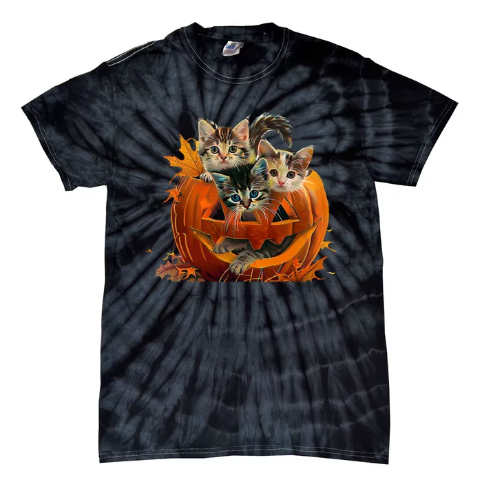 Retro Floral Spooky Season Vintage 90s Cat Pumpkin Halloween Tie-Dye T-Shirt